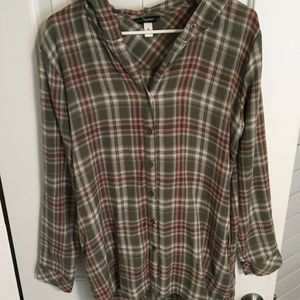 Flannel Button-down Tunic with Hood and Pockets